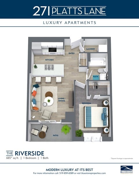 Floor plan for 1 bed, 1 bath, 685 sqft